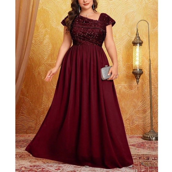 Plus Dusty Pink Sequin Flowy High Waisted Party Formal Wedding Dress - Picture 2 of 11